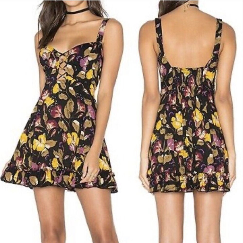 Free People Lattice Lovers Floral Ruffle Mini Slip Dress Size Small